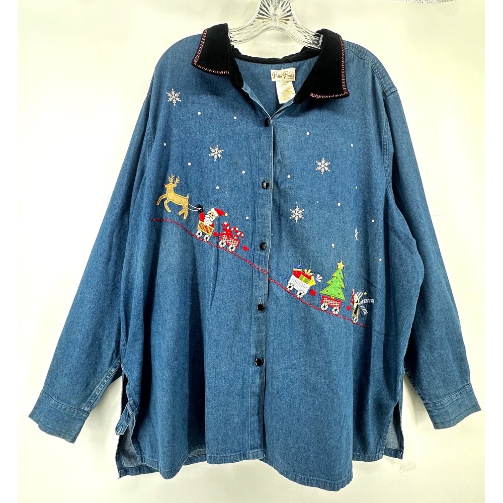Bobbie Brooks Woman Denim Christmas Shirt Santa Holiday Train Plus Size 26W 28W
